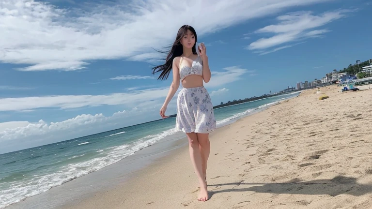 Full body photo of a pretty young 1girl, big cheeks, very long hair, black hair, side-swept bangs, side fring hair, medium size breasts, , (flooming laced mini dress), ((white color dress)), (tight skirt), ((turning back, back shot)), (ultra mini skirt), exposed ass, (up skirt shot), Full body , best quality, realistic, 8k,