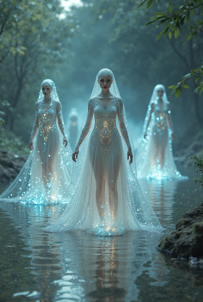 film effect,high definition detail,wallpaper hd,offcial art,((Translucent humanoids)),The body glows,Walk on the water and reflect,Woods weeds,light and shadow effect,Stunning scene,closeup cleavage, astronaut walking