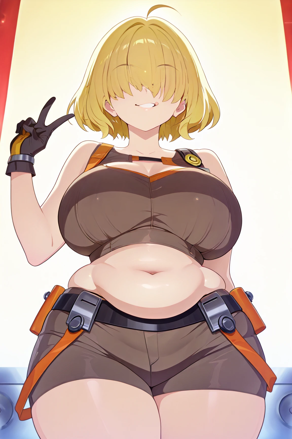 (masterpiece), best quality, female warrior, huge girl, female muscular:1.2, hair over one eye, ginger hair, massive breast, curvy, ((thick thighs:1.5)), (((blank background))), ((full body)), fingerless gloves, sandals, sleeveless, covered nipples, (underboobs:1.3), medium hair, thin hair, (crossed arms)