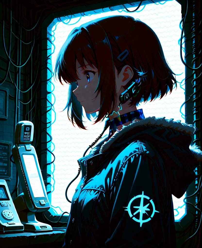 solo,1female\(iwakura lain\(Serial Experiments Lain\),no expression at face,age of 12,(big eyes:1.2),brown eyes,eyes without shine,empty eyes,short asymmetry dark brown hair,yellow hairclip,white pale skin,(white long camisole),sitting on floor,(black cord from mouth:1.6),(looking at viewer),dynamic pose\), BREAK ,background\(inside,(dark room:1.6),(server room:1.6),(PC monitors shining green)\), BREAK ,quality\(8k,wallpaper of extremely detailed CG unit, masterpiece,hight resolution,top-quality,top-quality real texture skin,hyper realisitic,increase the resolution,RAW photos,best qualtiy,highly detailed,the wallpaper,cinematic lighting,ray trace,golden ratio\),(oil painting),dynamic angle,darkwoods style,close up face