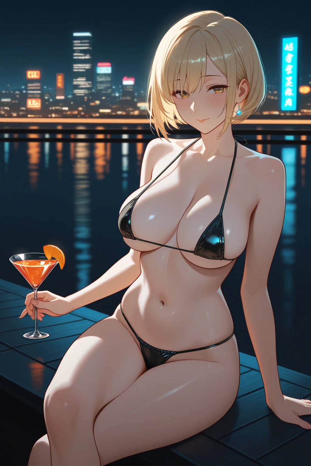 score_9,score_8_up,score_7_up,18 year old,1girl,tsunade, naruto,tsunade sakura,nsfw,brown eyes, brown hair, long hair, bangs, braid,standing,hand on hip, holding cup,(drunk-smirk),blush,large breasts,brown hair,parted hair,long hair,barefoot,red Slingshot swimsuit,plunging neckline,center opening,cleavage,navel,earrings,bracelet,roof pool-party,cityscape,night ,multiple-people,surrounding by 5 boys(strong men),
