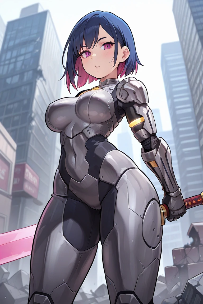 one woman Standing in the streets of Cyberpunk City,in the city at night, android girl,mecha girl, glowing body,silver body, it's raining lightly, posing,large breasts,short of a person,gleaming skin,armor dress, beautiful face,purple eyes, slanted eyes,thin eyebrows,thin lips, purple hair, bob hair,wave hair,from front,outdoor,night,Crowd of People,illustration style,masterpiece, extremely fine and beautiful,illustration,zoom up,