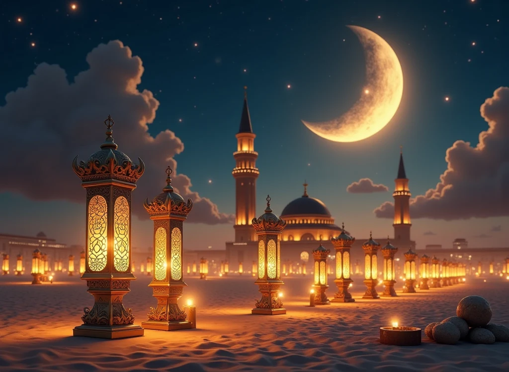 a mosque with a crescent and lanterns in the night, arabian night, themed on the stars , ☁🌪🌙👩🏾, mosque, night with moon, ✨🕌🌙, arabian art, 8k high quality detailed art, dreamy night