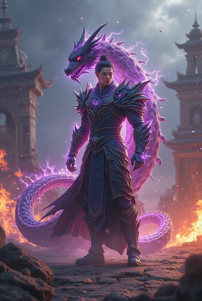 A man wearing a warrior costume, taking out knowledge in the form of lightning, spinning his whole body purple, behind a red dragon attacked him