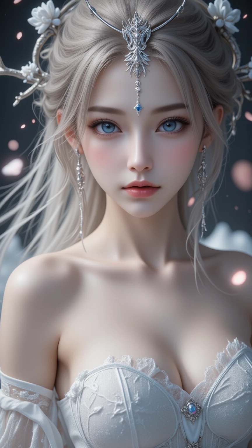 best quality, masterpiece, Big , (Large Breasts), Delicate skin texture, Detailed fabric texture, Delicate face, Super Detail, 8k, Intricate details, 1 Girl, 30 years old, High contrast, High resolution eyes, White hair goddess,Royal sister,Sexy。