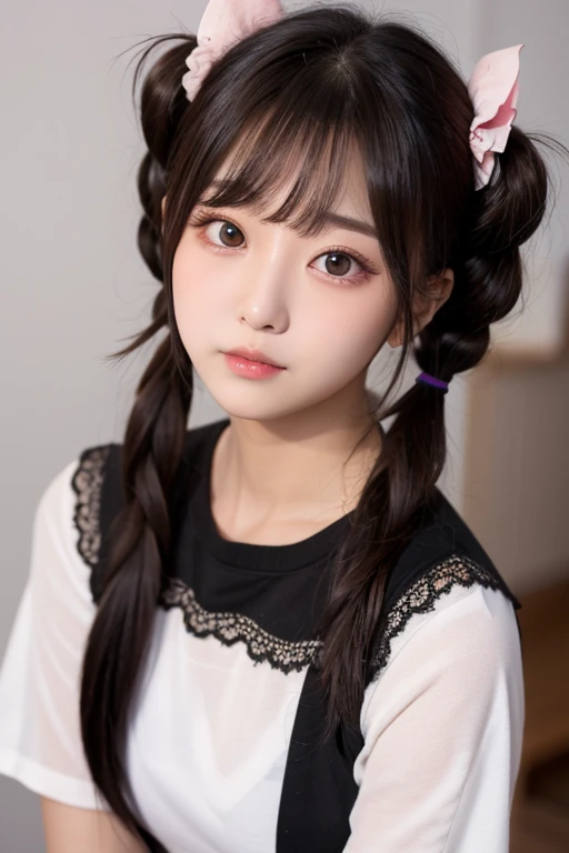 araffe woman with long hair in a gray sweater brushing her hair, anime girl in real life, realistic young anime girl, pigtails hairstyle, with black pigtails, wan adorable korean face, beautiful japanese girls face, ulzzang, cute kawaii girl, beautiful south korean woman, two pigtails hairstyle, neat hair with bangs, young adorable korean face