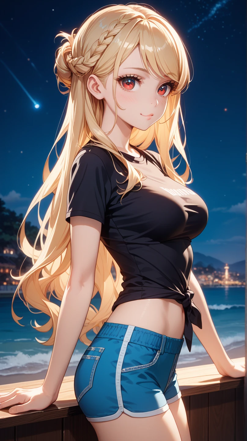 #Basics A girl is posing for a photo, (((One Girl))), (((Baby Face:1.4)) + ((cute:1.4)) + ((15 years old))),
break
#Clothing Accessories
(Black high neck sleeveless shirt:1.2 + (low-cut dress:0.8)) + (Blue denim mini skirt) + ((Black Pantyhose:1.4) : (Shiny) + (Sheer) + (Very low denier)) + (Shiny黒ハイヒール),
break
#Features
((Blonde:1.2)), ((Long side bangs:1.5 + Voluminous side bangs)), (((Straight Long Hair) : Long Hair + Voluminous Hair + Straight hair)),
((Droopy eyes:1.4, Big eyes:1.2), blue eyes), (Small breasts),
break
#background environment
((noon + Sunlit coast, cumulonimbus)),
#Facial Expression Pose
((smile, blush), (Run with your arms outstretched horizontally)),
#composition
((Face the camera, (Character Focus), (Angle from below), (Cowboy Shot))),
break
#Body parts elements
(Slim figure),
(Detailed Hair, Beautiful Hair, Shiny Hair),
(double eyelid, Long eyelashes, Thin eyebrows:1.4),
(Expression of fine eyes, Beautiful and delicate eyes, Sparkling eyes, Eye Reflexes, Glitter Eyeliner),
(Human Ear),
(Beautiful Nose, Thin Nose),
(Shiny唇, Beautiful Lips, Thick lips), (Symmetrical facial features),
(Detailed skin, Textured skin, Beautiful Skin, Oily skin),
break
#Quality Image Quality Common
(((Highest quality)), ((masterpiece)), ((Very detailed))), ((Ultra-high resolution)), ((16K, 1080P)), ((Full HD)),
(Anatomically correct), (Realistic), (3DCG), (Oil painting),
((comics, anime)), (CG illustration), (RAW Photos),
