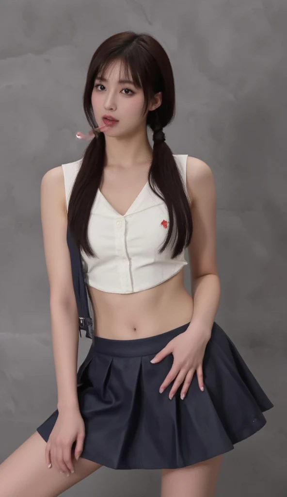pretty, young, girl, long hair, black hair, red eyes, bangs, dark shirt, sleeveless, white collar, red tie, small breast, black gloves, black skirt, upper body, white skin, 18 year old, beauty, 1 girl, intimidating, look put hands behind head, armpits, armpits visible,