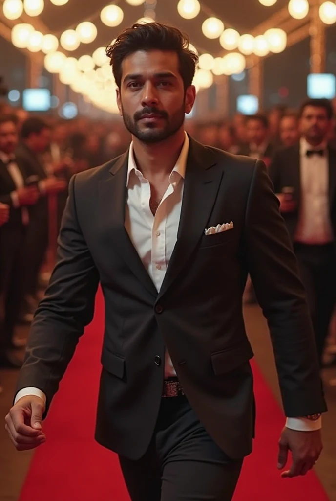 Varun dhawan open his Shirt off in a front of a group Men. Wearing just a suit without a shirt underneath. He gets attention and is touched by them. He is very ticklish and giggles as they tickle him