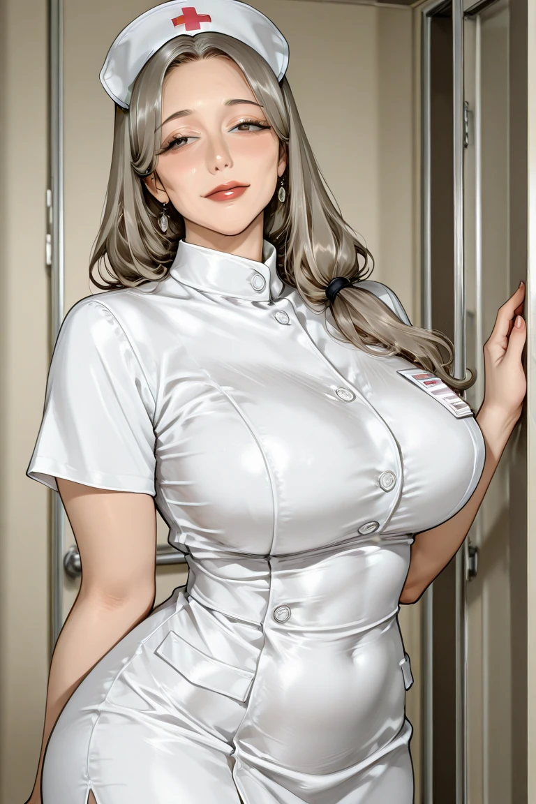 hospital, latex nurse suit,nurse,busty,gloves,labcoat,silverhair woman, white eyes , gigantic boobs ,medical instruments,asian nurse,nurse hat,two nurses,speculum,examination room,oversize boobs,mask ,surgical gown
