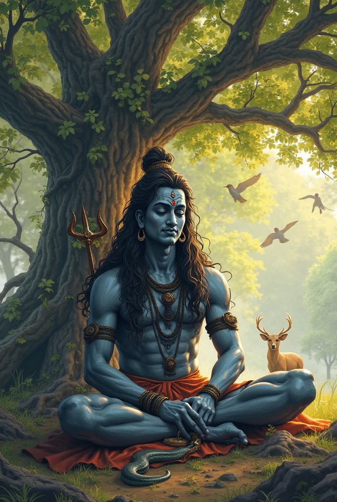 Lord Shiva, meditating under divine tree, wind blowing, sunlight from top angle, little leaf falling from tree, masterpiece, 8k resolution, dynamic lighting, hyper detailed, intricately detailed, trending on Artstation, deep color, Unreal Engine,volumetric lighting, Alphonse Mucha, Jordan Grimmer.