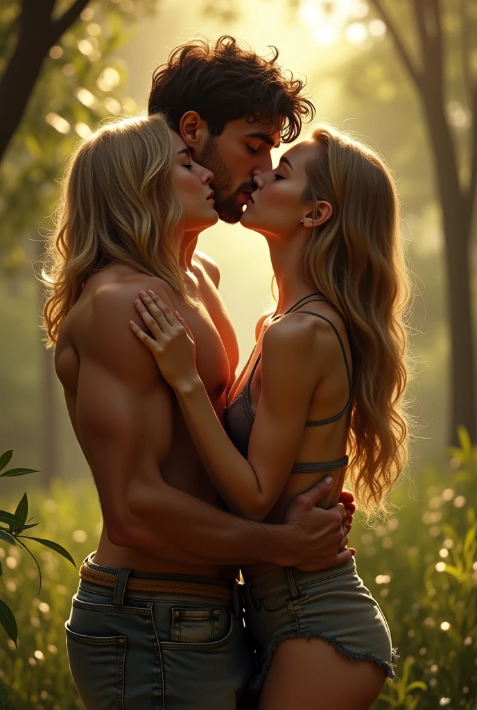 Sexual intercourse between a man and a beautiful woman with blonde hair,forest,naked,8k very detailed image