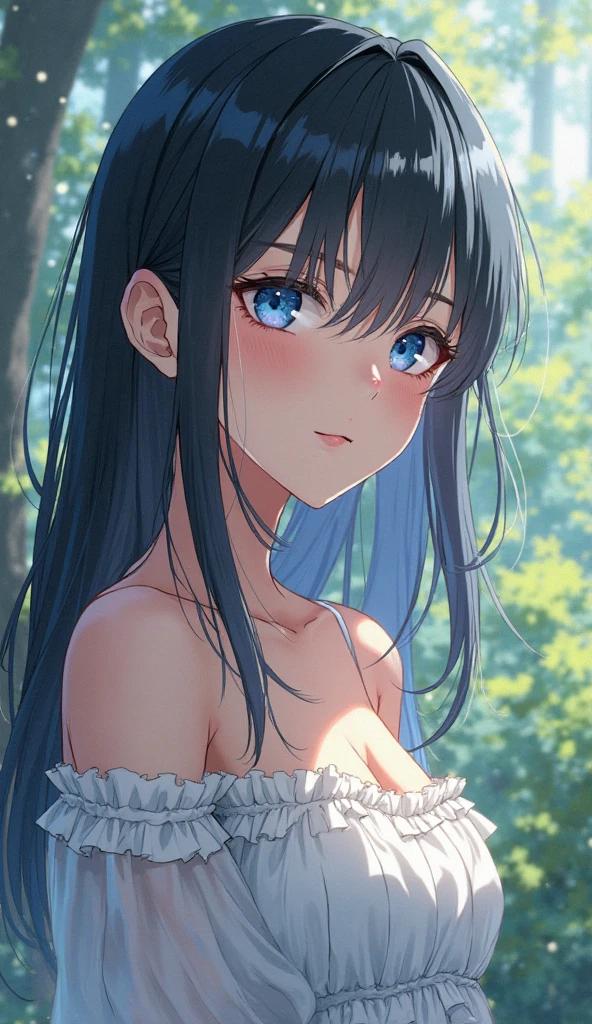((Highest quality)), ((masterpiece)), (detailed), (Japanese),10 years old, Black Hair,(Childish face), (Long Hair), Girl, small Breasts, ((topless)), ((Blue eyes)),half-smile ,Sunlight, arched back, (from_Side) ,arched back,  riverbank, flower garden,