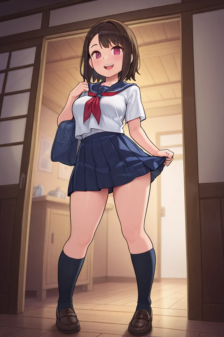 score_9,score_8_superior,score_7_superior,score_6_superior,score_5_superior,score_4_superior 、8k,Highly rated on Pixiv, Naughty,Cute Japanese schoolgirl,(Mob face),Open your mouth, Sticking out tongue、Brunette hair color、Sailor uniform of a high school girl whose skirt is too short., Flip up skirt to expose panties、Beautiful detailed panties、Crotch focus、Sit at a desk in the living room、片足をsuperiorげる