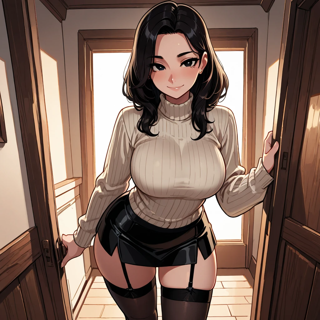 (Highest quality,High resolution,Pixel perfect,8K), (1 Girl:1.2), Beautiful woman,((Wavy mid-length hair, bangs, Brown Hair)), ((Brown eyes, Beautiful eyelashes, Realistic eyes)), ((Detailed face, blush:1.2)), ((Smooth texture:0.75, Realistic texture:0.65, Realistic:1.1, Anime CG Style)), Slender body, Medium Chest, Perfect body, (Earrings,necklace,Sleeveless turtleneck sweater,mini skirt, ((Skirt flip)), A shy smile, ((Her lacy panties are visible:1.1), (Multiple Views,Two views), (The sexy, beautiful girl next door:1.2), Inviting expression, Trying to take off my top