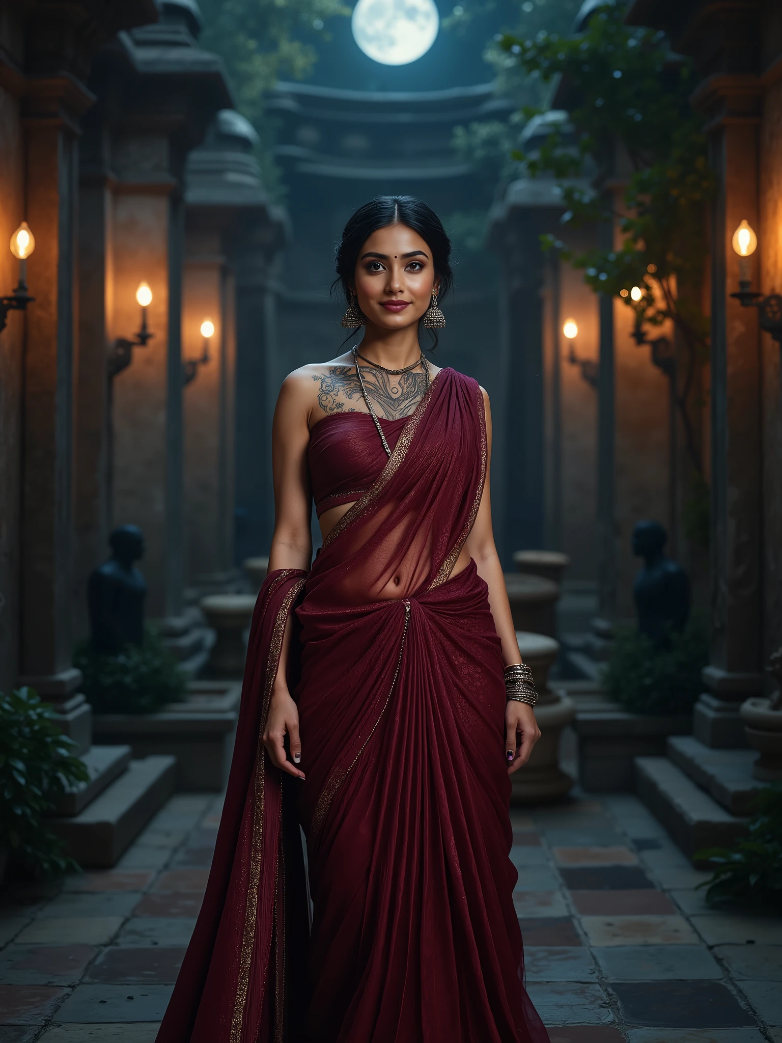 In a moonlit temple courtyard, a Indian woman poses in a full frontal portrait, from head to thighs, draped in a deep maroon saree that shimmers softly in the cool night light. Her blouse is tight, sleeveless, hugging her frame and revealing a graceful floral tattoo over her upper chest. Her midriff bears a silver navel ring that reflects the moonlight. Flowing pleats veil her thighs in a sensual, sacred manner. Her round face is softly illuminated: high cheekbones, a gentle smile, deep almond eyes with kohl lining, and full lips painted a muted berry tone. Her hair is slicked back into a tight bun, and she wears heavy oxidized jhumkas. Behind her, an ancient temple wall, with carvings and oil lamps flickering gently, creates an aura of spirituality. Silhouetted vines and stone sculptures add to the depth. Photorealistic moonlight effects, 8K resolution, cool-toned color palette, fine detailing in skin, fabric, and jewelry, ethereal shadows, realistic anatomy and lighting.
