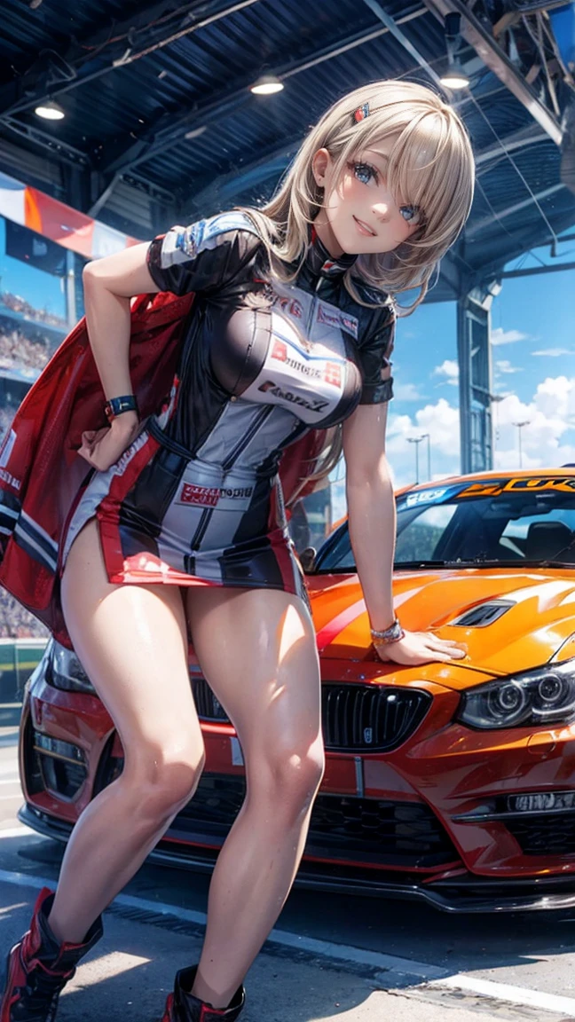 ((Highest quality)), ((masterpiece)), (detailed), One person,Age 25,Race Queen,model,(Sit on the hood of a car),(White mini skirt),(Blue top),(Open the buttons on your shirt),Navel exposed,Big Breasts,blush,Underbust,(Her cleavage is visible),(Excited expression),(Captivating look),Several men with cameras,(modelの女の子を囲みます),(Excited Men).Browsing Caution,sexy,(Put your hands together)Sweat,(Black garter belt),(Move your tongue up and down),