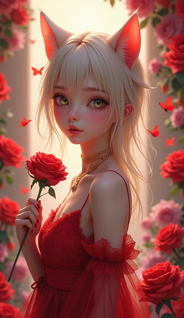depth of field, masterpiece, best quality, 1girl, solo, white hair, looking at viewer, red eyes, upper body, white shirt, breasts, off-shoulder shirt,a lot of rose, leaf, blurry foreground, choker, sunlight