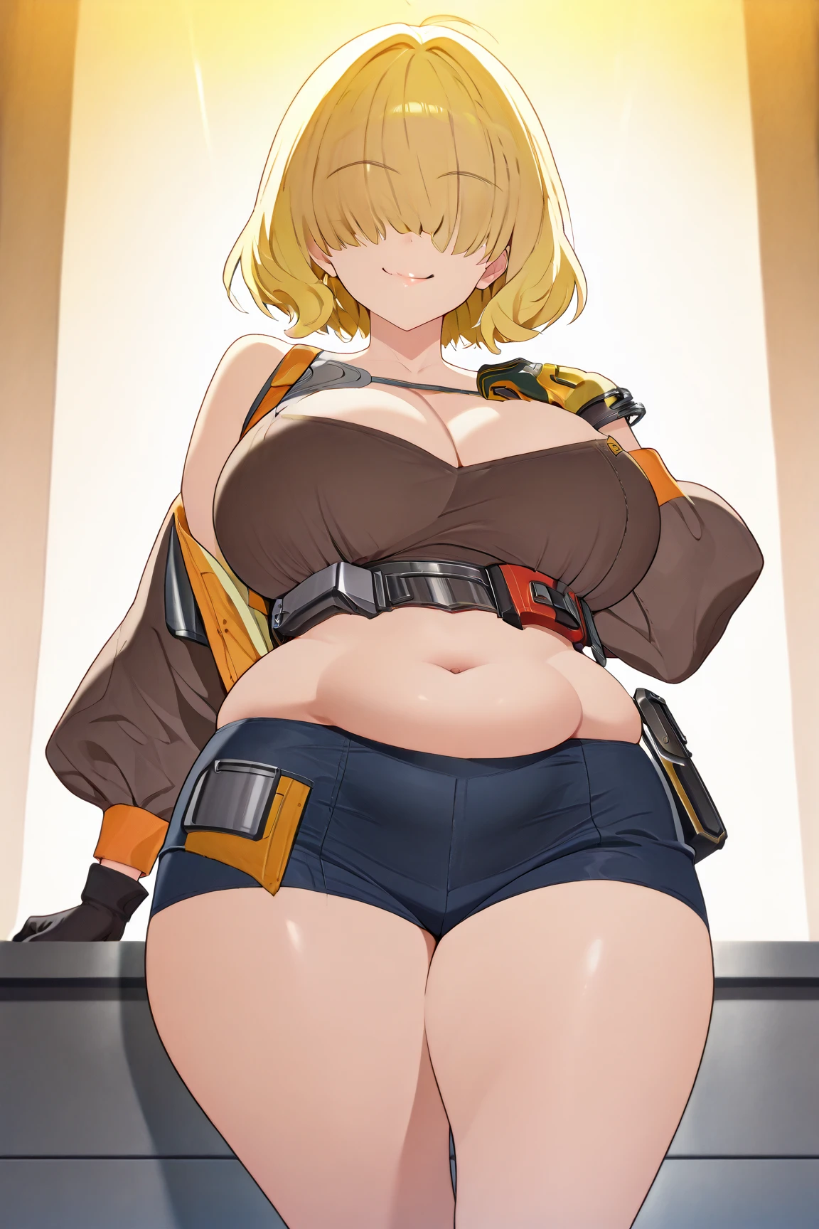 <lora:LoRA_NIKKE_Anis_v5_epoch-000004_1.0_NPD_dim4:1>,  best quality, ultra-detailed,,1girl, solo,  nikkeanis, aniswear, cross-eyed,  short_hair, open_mouth, large_breasts, brown_hair, hair_ornament, thighhighs, hat, cleavage, brown_eyes, jacket, yellow_eyes, knee pads, boots, shorts, black_thighhighs, beret, short shorts, happy closed eyes smile
