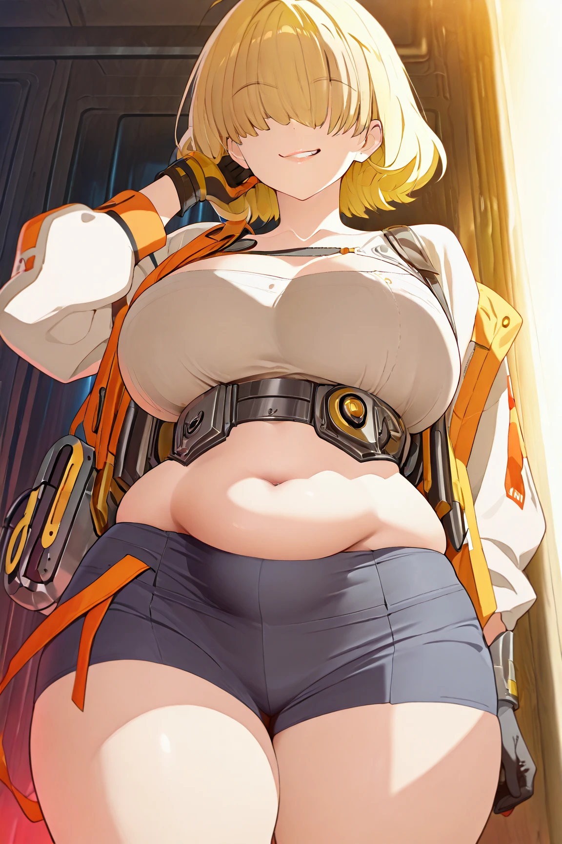 masterpiece, best quality, ultra-detailed, Potrait of beautiful , (chubby) (sexly), (plump), (sexly), ((tomboy)), (Plump), ((very short hair)), (boyish), (naughty), (young), (Short Hair), (pudge face), (Bad body odor), (Elegg), (purple eyes), (belly button), ((The eyes are hidden by the bangs)), (Sinister), (overweight), ((thick)), (belly buttonにピアス)
