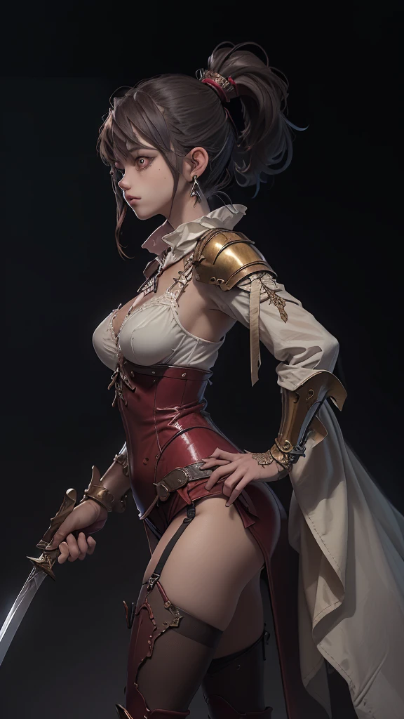 ((best quality)), ((masterpiece)), (detailed), very skinny, prominent collarbones, skinny arms, flat stomach, visible hip bones, red and white clothing, Bloodborne inspired, occult aesthetic, occult, detailed and intricate steampunk and detailed gothic, NSFW, Very dramatic and cinematic lighting, cosmic horror, grim-dark, side-lighting, perfect face, NSFW, Fluttering lace flared long knee length dress with frilly petticoats, knee length dress, pleated petticoats, lolita dress, petticoats gothic lolita, complex lace boots, side-lighting, gothic lolita aesthetic, wielding a mighty sword with mechanical components, carbine, NSFW, beautiful small breasts, small breasts, full body, whole body, body, NSFW, full body, whole body, head-to-toe NSFW