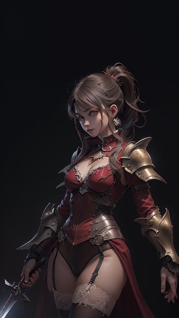 close-up of a beautiful female face, wearing a demon outfit, gorgeous demonic eyes, intricate, cleavage, soft lips, smiling, naughty, seductive glance, freckles, side boob, under boob, braids