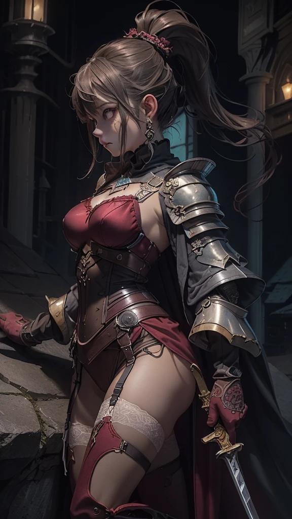 masterpiece, (realistic), highres, highly detailed, intricate, beautiful woman, Orange Long, magenta eyes, freckles, detailed face, knight, Red and Black armor.