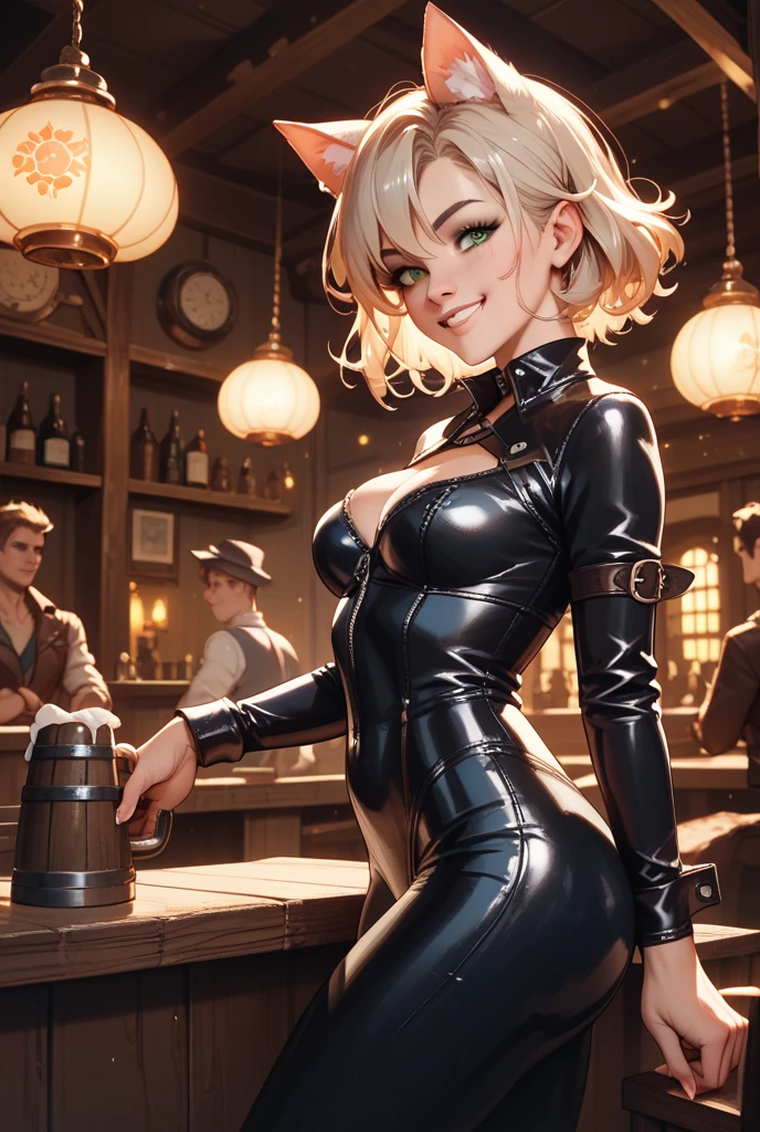 woman、Silver messy short hair、oversized full breasted vest、Black inside、with emerald green eyes、Tactical coat、a smile、Mechanical black cat ear headphones、GM6 Bobcat、girls frontline、Doll Frontline、Bar background、High level of image quality、high quality、high detail,Naked trench (huge breasts:1.2),wet skin((rogue))Cool atmosphere