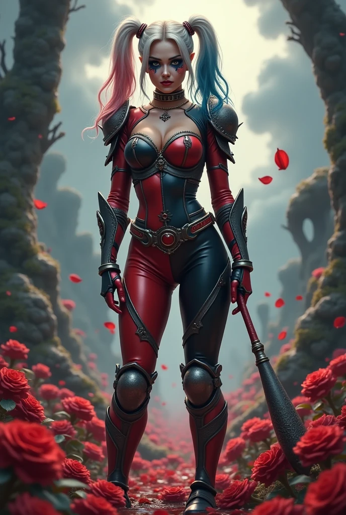 Harley Quinn styled as a dark fantasy queen warrior, corset-like armor, holding dual colored baseball bat, standing on a battlefield of roses and chaos, twisted fairytale vibe