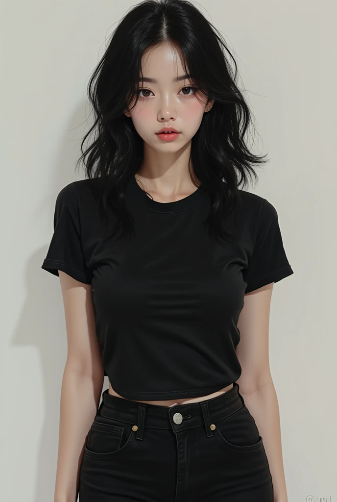 be happy,Guts pose,Beautiful woman, Slim figure, Dark brown hair, T-Shirts, Highly detailed face and skin texture, Fine grain, double eyelid
