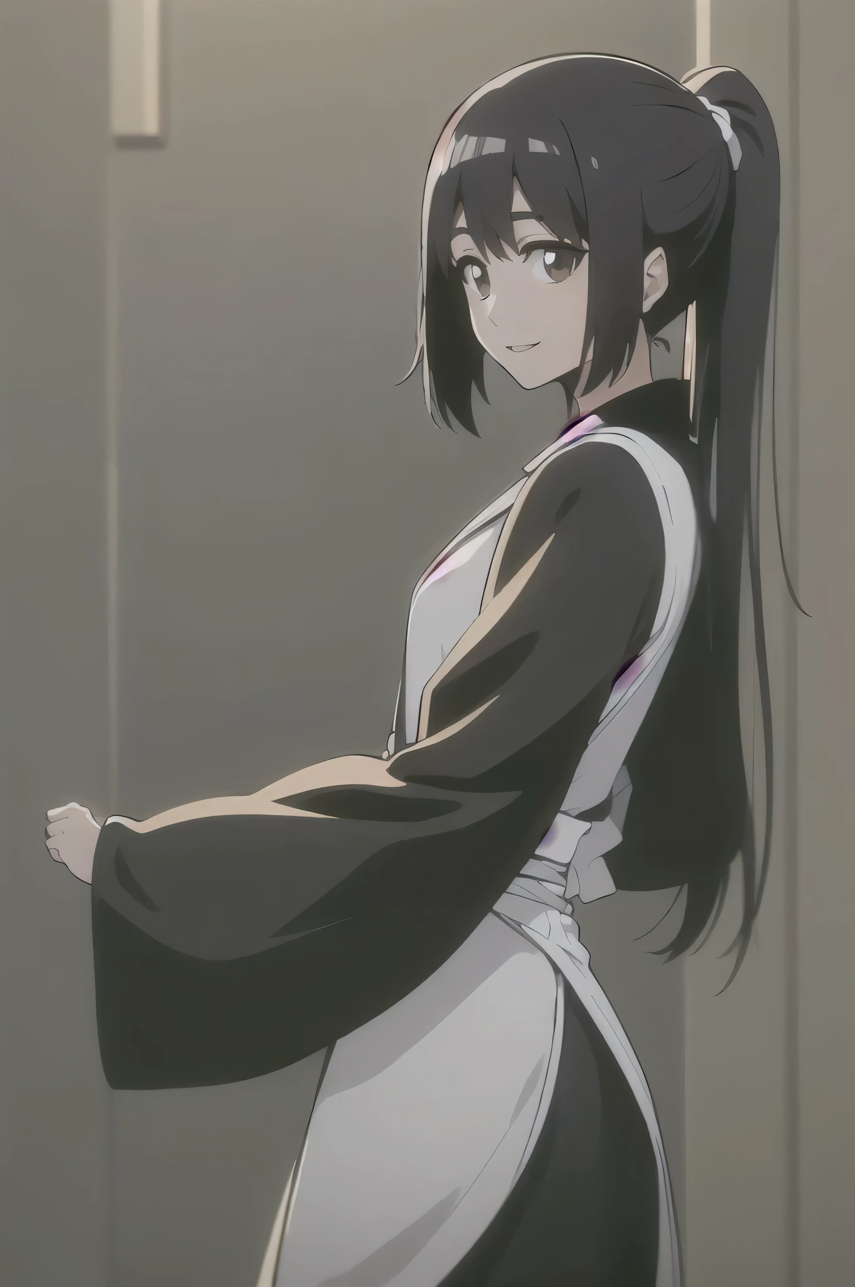 Masterpiece, top quality ,
one girl from the side , romantic love , black hair, single , ponytail, Vancouver, brown eyes,
Hair bangs,
kimono, white sleeveless coat , black kimono ,
smile, alone, I'm looking for , simple background, White background