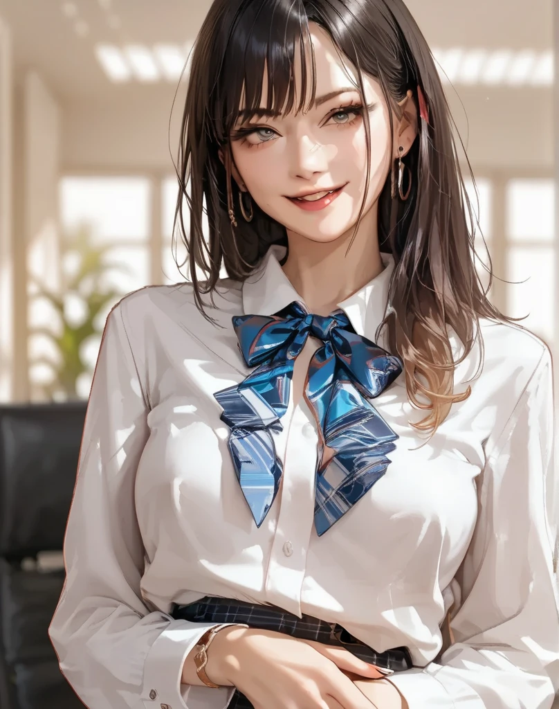 ((full body)), ((Random shooting angle)), ((looking toward the viewer)) ((realistic)), 1girll, Asian model, slim, ((In black suit, neck bowtie, White pleated skirt)), Campus style, (‎Classroom, Sit Pose, sittinng on the desk), (warm lights, a warm color palette), Detailed details, ultra-detailliert, (tmasterpiece, best qualtiy), (An extremely delicate and beautiful work), Delicate earrings, Simple blurred background, Extreme detail description, Ultra-fine painting, Delicate face, slim toned body, (grin, Baring teeth)