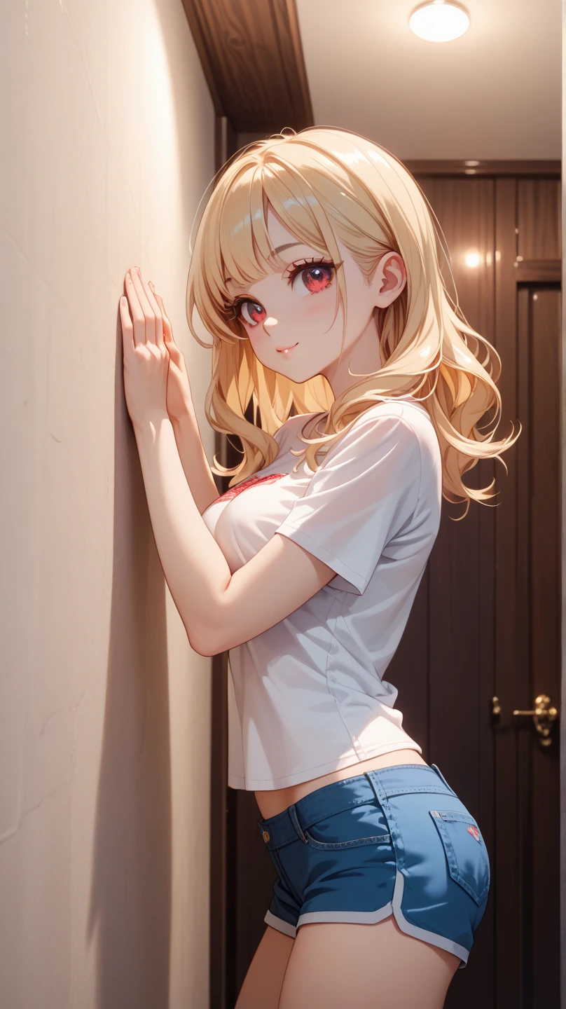 high quality 4k, maximum image sharpness. name zoe. 20 year old teenager, beautiful angelic face. Red eyes. White skin color. height 1,70, retail physicist, large and firm breasts, Short blonde hair. Clothes, T-shirt at the height of the abdomen. tight red pants. body detail, straight and firm posture looking towards the camera. happy facial expression
