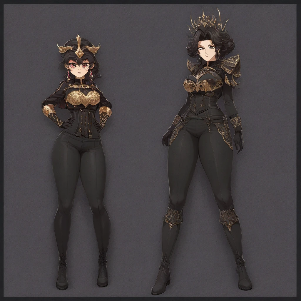 female devil character with white skin, beautiful, girl with devil horn, cool black leather costume with gold line ornament, cool black short, her legs skin exposed, cleavage, short black hair, devil character design, stylized, cartoon, black high heels, black leather, character design sheet, character design, front view, side view, (same character from different angles), ((white background, simple background color, flat background)),sadie, line anime, fullbody, big face, big head, mature, Simple shade