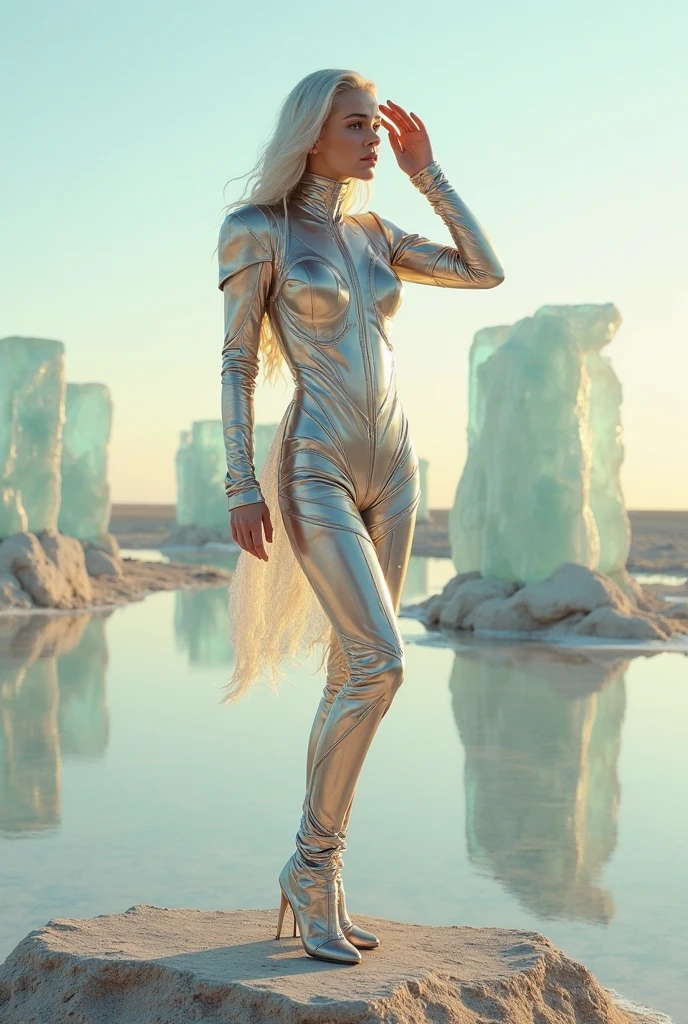 Hyperrealistic art female wearing <lora:xl_n15g_aio_clothing-2.0:0.8> iridiscent clothes, on alien planet, yellow sky, volumetric lighting, reflections, broken glass effect, mystical, . Extremely high-resolution details, photographic, realism pushed to extreme, fine texture, incredibly lifelike