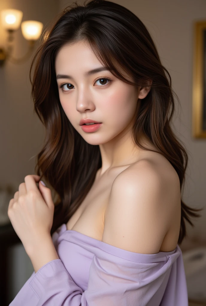 (8k, Raw, Top Quality, Masterpiece: 1.2), (Realistic, Photorealistic: 1.37), Ultra High Resolution, One Girl, Cute, Alone, Viewing, Top Quality, Masterpiece, 8k, droopy eyes, big tits, beautiful breasts, plain background, flanked, arms crossed behind head, sexy purple bra, purple T back, smiling, standing, cowboy shot, highly detailed face, highly detailed lips, double eyelids, elaborate detail and subtle glow, shoot her in a pose that reflects both grace and confidence, enhance visual effect with cinematic lighting. Use modern 2D design for the background, creating a beautiful, balanced composition. Enhance the scene with elements such as depth of field, bloom effects, and a touch of sparkle, adding a dreamy texture to the overall image. Pay close attention to detail