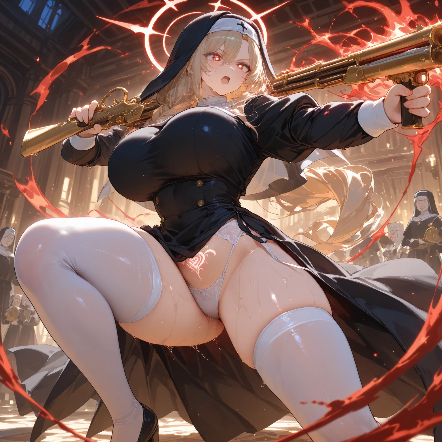 Under a stormy sky, from a medieval castle, the crimson-skinned Giantess Goddess in a billowing gown of fiery silk descends upon the terrified villagers. Her fiery eyes gleam with sadistic glee as she lifts them one by one, their screams of pain sending shivers of pleasure through her. "Your fear is delicious," she purrs, crushing them in her grasp.