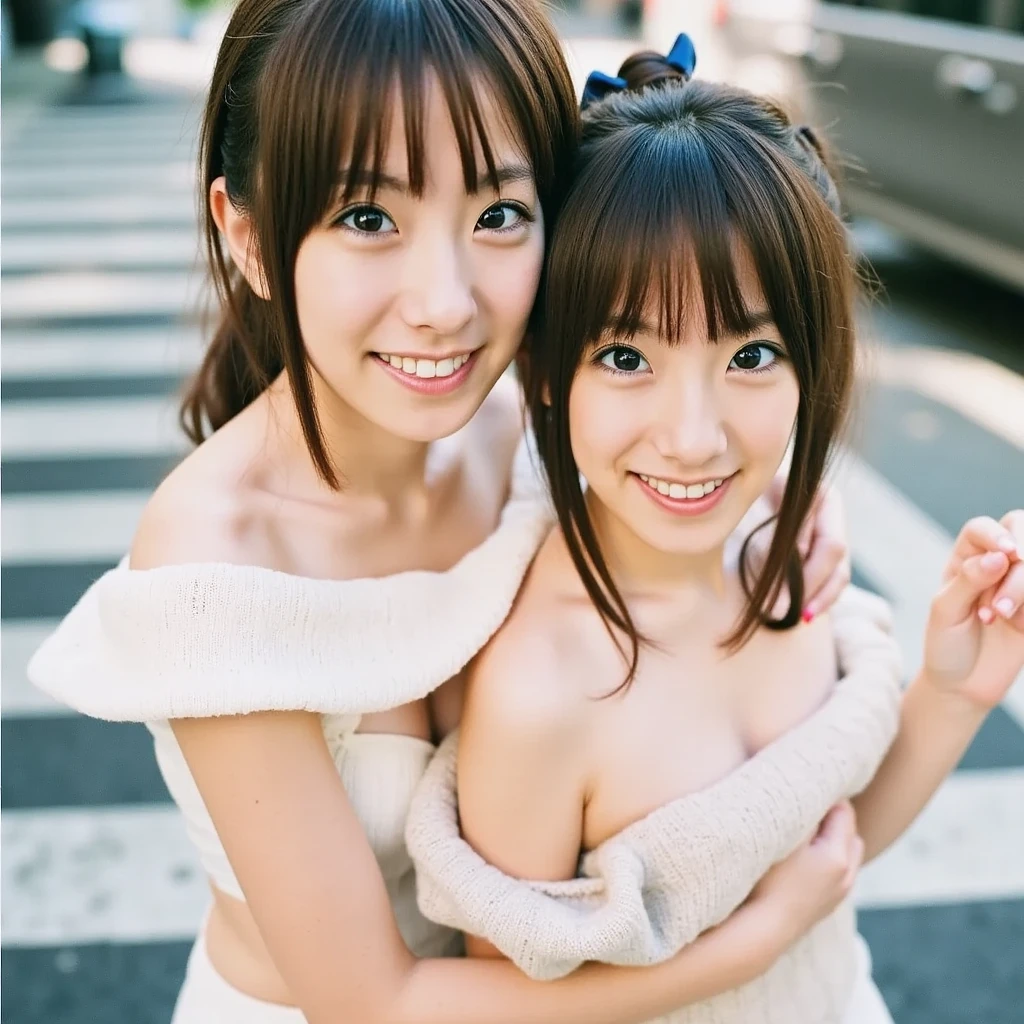 lens: 135mm f1.8,(Highest quality), (Beautiful 14-year-old Japanese twin sisters), (Moist lips), (They have narrow eyes, double eyelid,Delicate clavicle,Flat Chest,Shortcuts),
(Let me'Let's take another look), shame, A faint smile,
(Spotted sunlight:1.2), Professional Lighting,
(they are completely naked), (Sunburned skin:0.2),Their whole bodies are shown、Full Body Focus、They are smiling and standing close together、They have collars