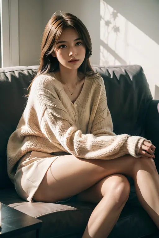 1girl in,Sitting on a cozy sofa,cross one's legs,Soft light