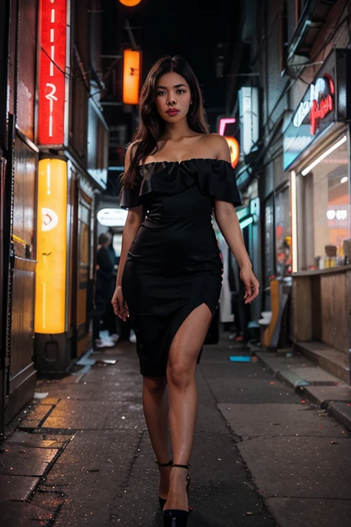 (Asian-Amerian: 1.3), fashion influencer walking in busy street, Woman wearing Saint Lauren, (Black formal dress), (full body: 1.3), (luxury advertising photography: 1.2), Flashlight, Shutter drag, Lens flare, Backround motionblur, (Anamorphic lens bokeh: 1.4), Shot on Kodak Ektachrome