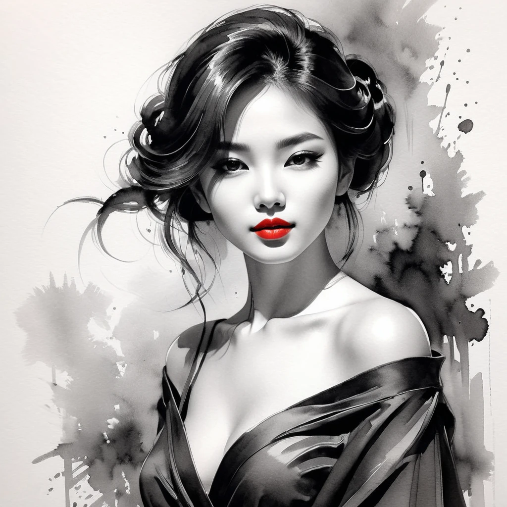 sexy woman,smokes,black and whiteink画,pen sketch,Loose brushstrokes,Pen outlines delicate lines,Smooth movements,微妙的ink色调,elegant gesture,calm expression,Exquisite facial features,ink,soil,wet。black and white,Clean