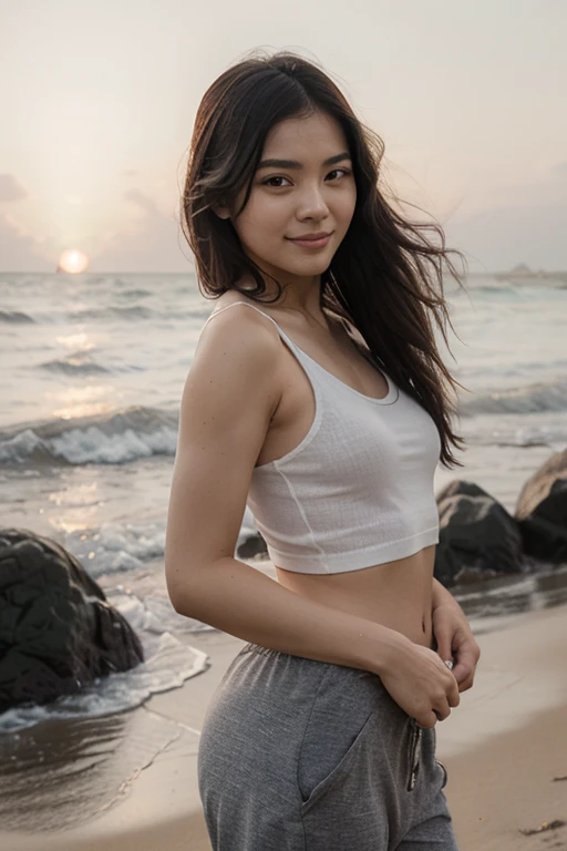 Stunning photorealistic of a mix Balinese/British woman in thin Short tank top with cropped waist,lot of wind, perfect anatomy, dynamic, very detailed, soft and sharp focus, high definition accent lighting, contrast, very rich colors ,medium long body shot , medium body shot, elegant pose.,light bokeh background