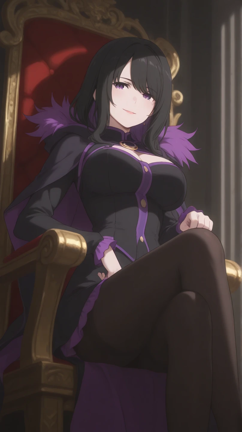 A woman wearing a dark purple tight military dress, horns, long cape, long grape colored hair, purple eyes, large breasts, on a royal throne in a large gothic room, long skirt,HDR, very detailed, ultra resolution, masterpiece. 8k hd.