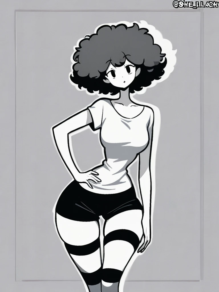 (score_9, score_8_up, score_7_up, score_6_up), vector, flat color, (white body outline), black background, by inkplasm, 1980s anime, Smirking bikini mommy, mature face, stockings, full body shot, (source_anime:1.1), rating_explicit