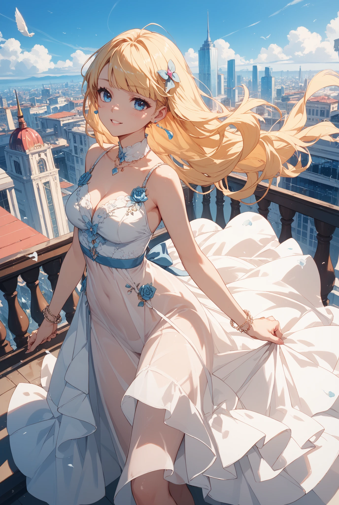 realisticlying,1Girl,Stand on a tall building,sunraise,Vivid light,Dressed in a white dress,The body floats slightly,Smile back(closeup cleavage),The background is many high-rise buildings
