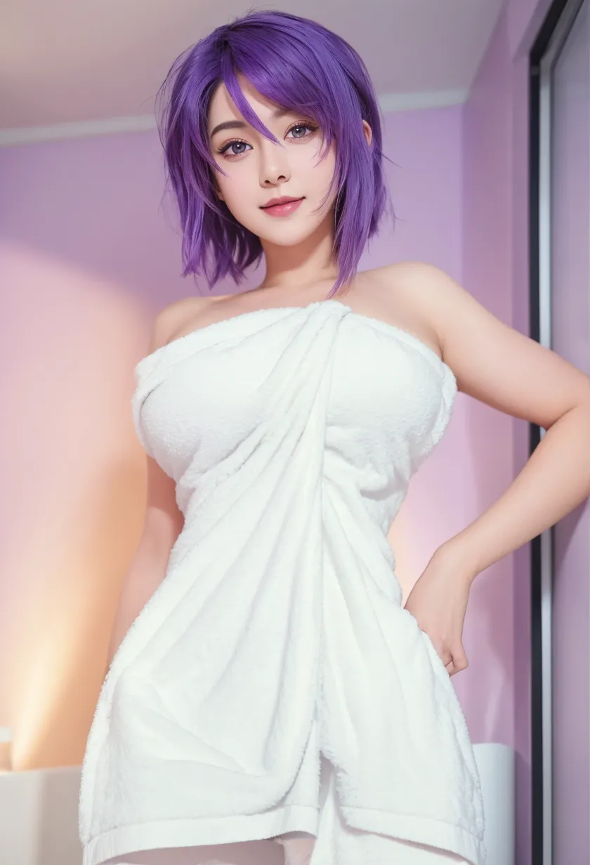 Short bob, loose perm, purple hair, naked, long T-shirt, clinging to the body, no underwear, no bottoms, beautiful, beautiful breasts