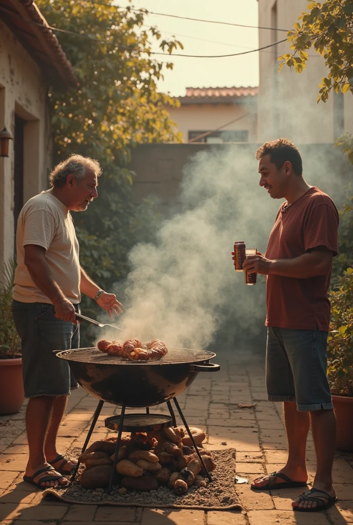 Hitler and Vladimir Putin are very strong and they are nude, very happy and eating paella in a backyard. 