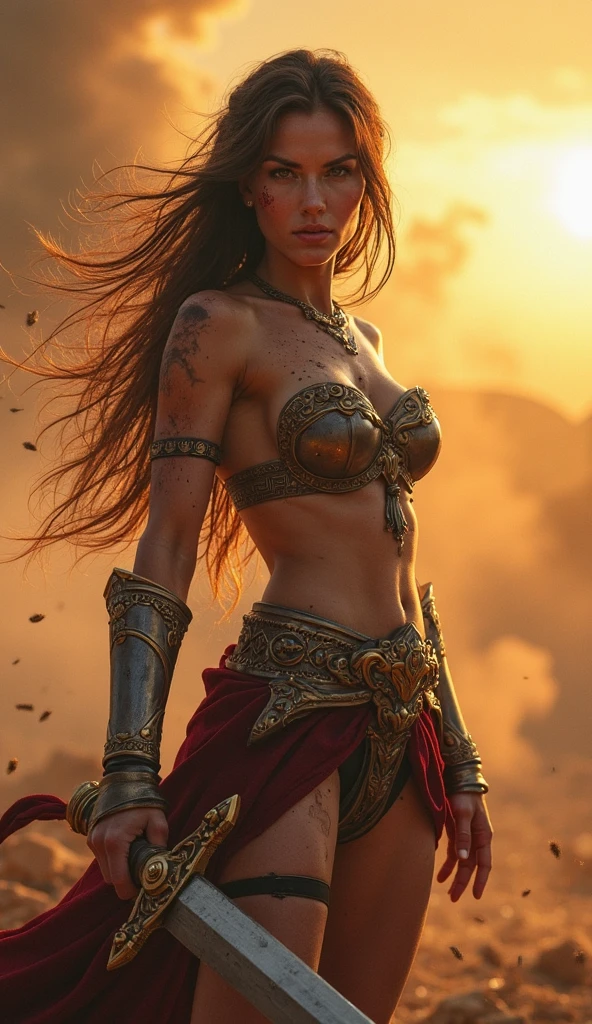 a female gladiator warrior in a fantasy setting, wearing little and very light armor, a short tunic, armed and in a fighting pose, wounded and fighting for her life on an arena, with detailed and dynamic shots, (best quality,4k,8k,highres,masterpiece:1.2),ultra-detailed,(realistic,photorealistic,photo-realistic:1.37),fantasy,action,dramatic lighting,cinematic composition,highly detailed face and eyes,extremely detailed skin texture,glowing energy effects,advanced 3d rendering,volumetric fog,dynamic motion blur,dramatic shadows,vibrant colors