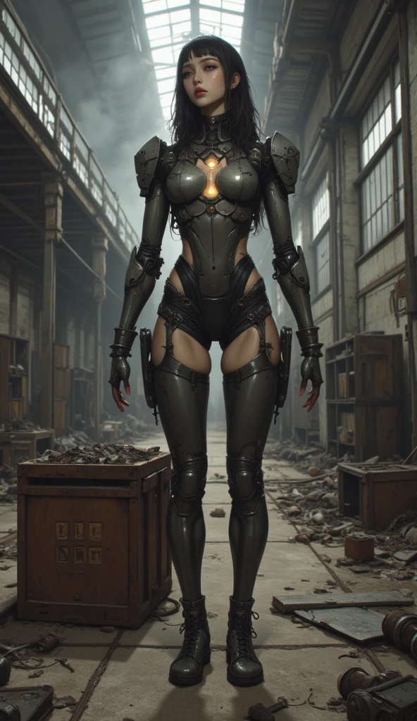 young-woman-type cyborg, bikini, ((full body)), with her head, hands and legs armored, without no clothes on, walking with her legs spread apart, with her ray gun in the holster at her right leg, beautiful chest, from front below