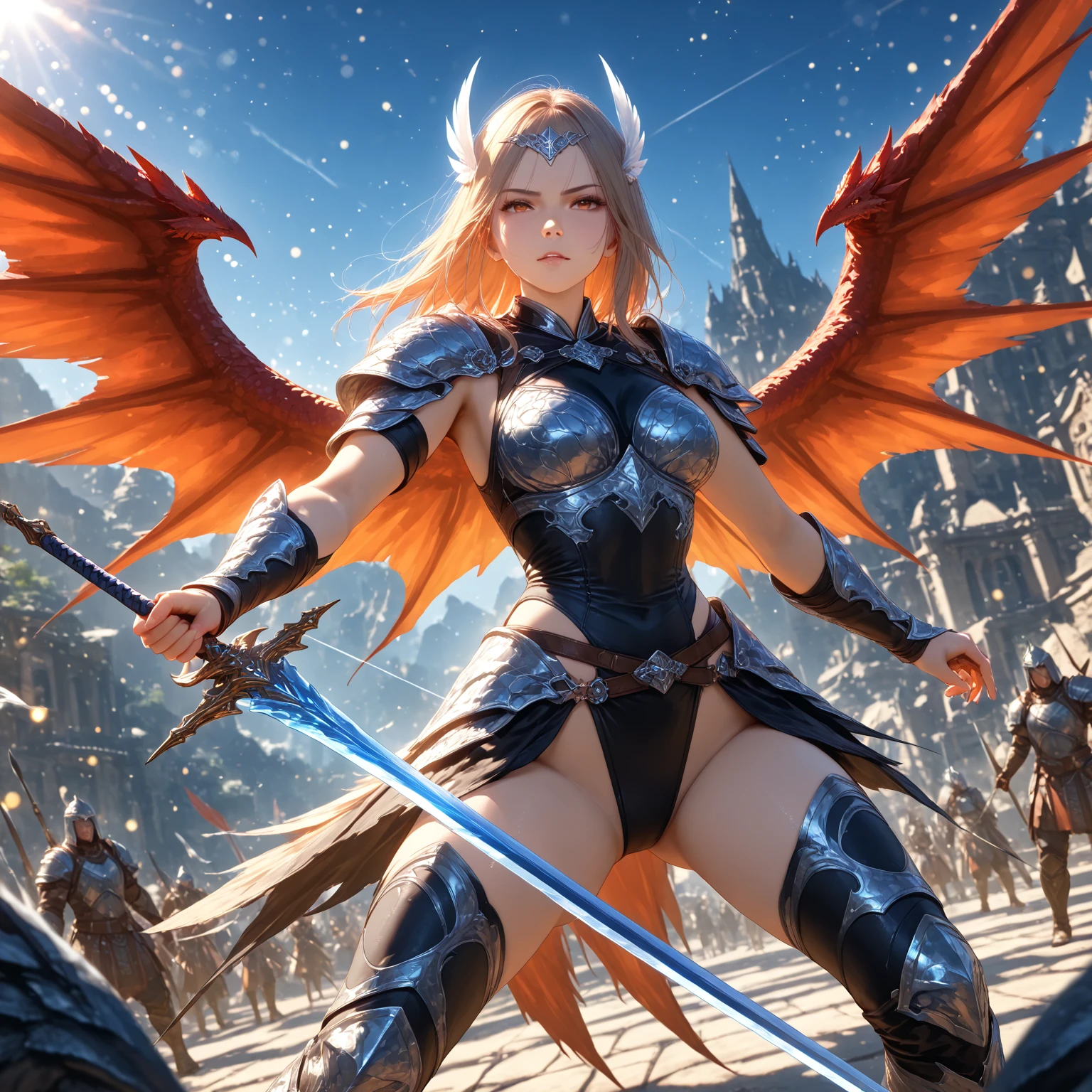 (((masterpiece, best quality))),(((high quality))),(((high resolution illustration))),(((hyper detail))),NSFW,(((Wordsworth's Sharon))),(((Very beautiful long blonde hair))),(((Very beautiful face))), ((((Detailed face)))),(((very beautiful blue eyes))),(((Realistic Skin))),(((her face is flushed))),(((slim body))),(((slim thighs))),(((small breasts))),(((very beautiful slender legs))),(((gold and ocean blue and red and black and white armor with extremely detailed and intricate decoration:1.5))),(((Blue and red and white skirt with extremely detailed and intricate decoration:1.5))),(((boots with extremely detailed and intricate decoration))),(((cloak with very detailed and intricate decoration,))),(((beautiful earrings))),(((beautiful hair ornaments))),(((in the old dark deep forest:1.2))),(((late at night:1.4))),(((wet her skin))),((Sharon is crying with tears streaming down her face:1.2))),(((Sharon is running away from many monsters:1.2))),(((Her right hand is holding a sword:1.2))),(((Sharon is being chased by many monsters:1.5))),